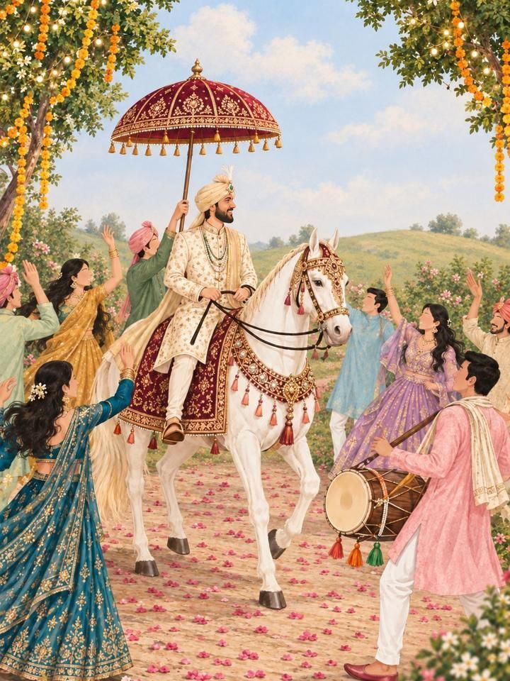 The groom on a white horse under a royal umbrella, with family dancing and a dhol player