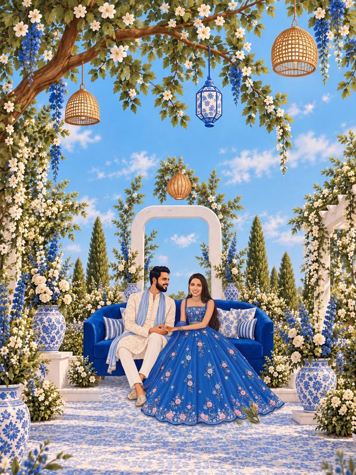 The couple on a blue velvet sofa under hanging lanterns, surrounded by blue and white flowers