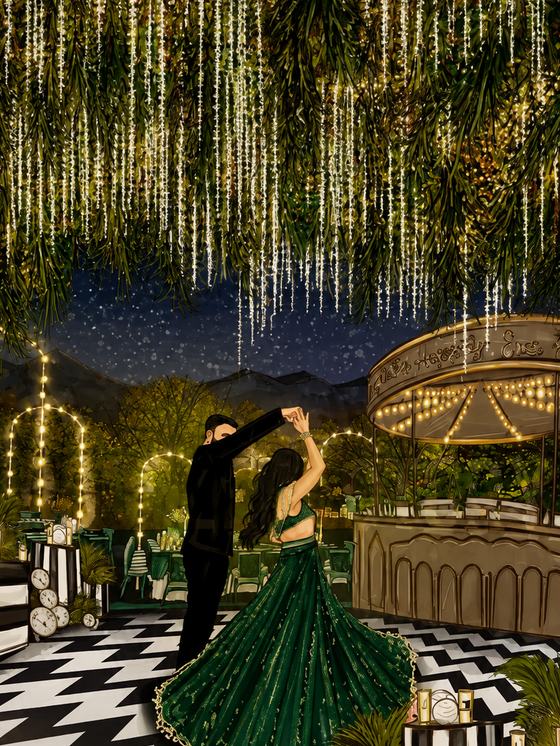 A fairy-lit dance floor at night
