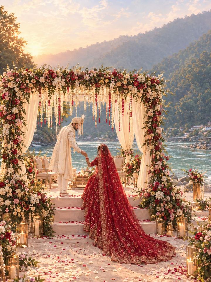 The groom, in a safa, helping the bride up the steps of the flower-covered mandap on the riverside beach